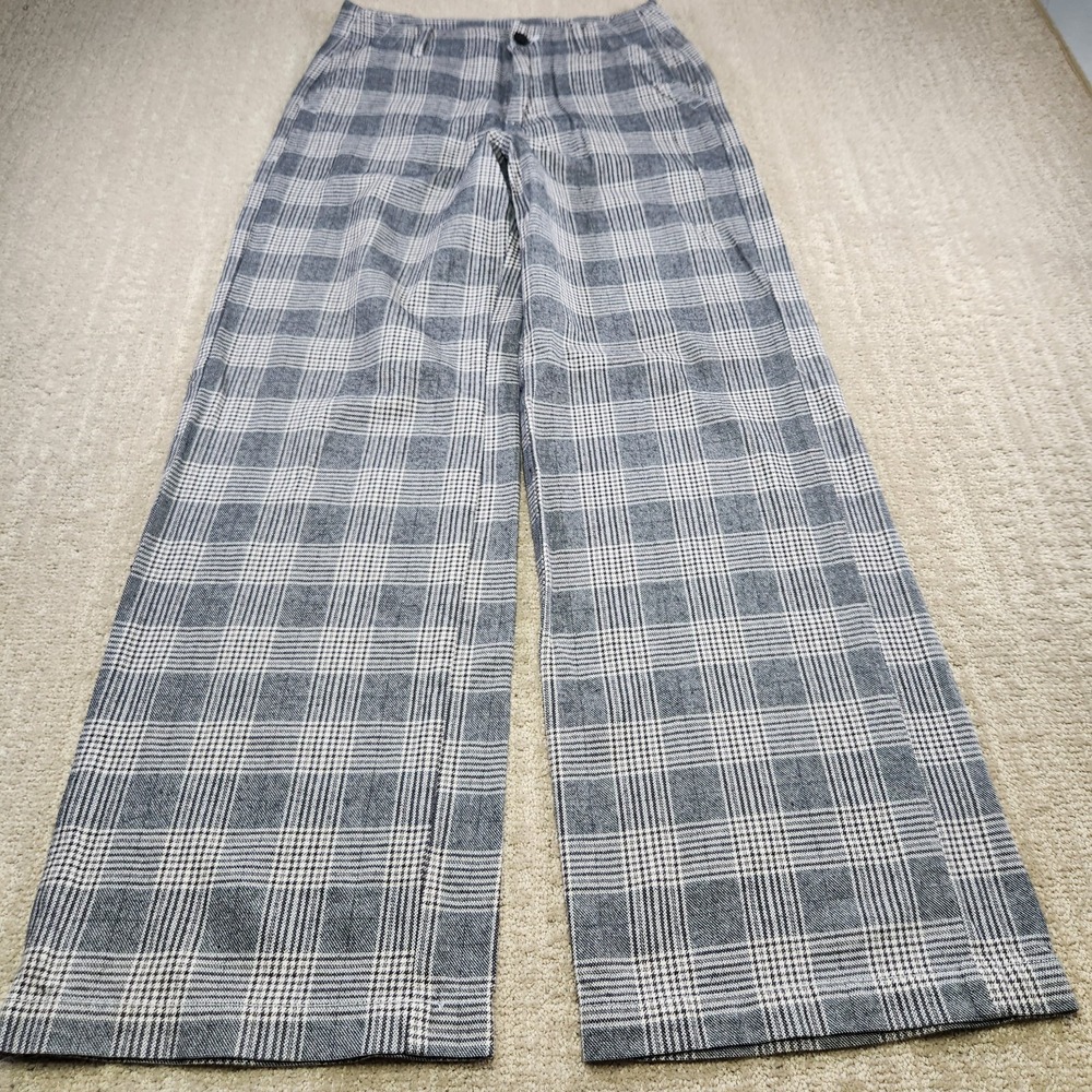 American Eagle Pants Women 4 Long Baggy Wide Leg Super Hi Rise Gray Plaid Check